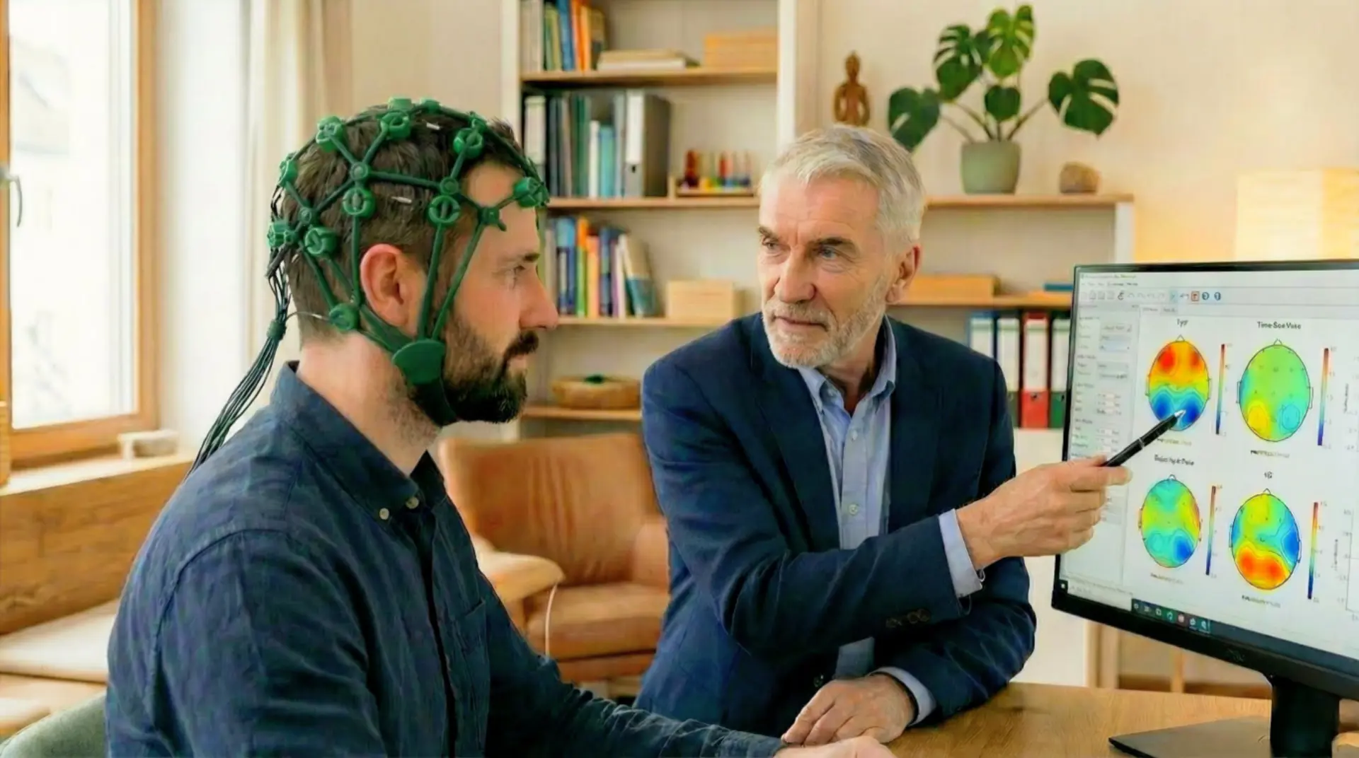 Thomas F. Feiner erklärt einem Klienten mit EEG-Kappe die QEEG-Hirnkartierung am Bildschirm