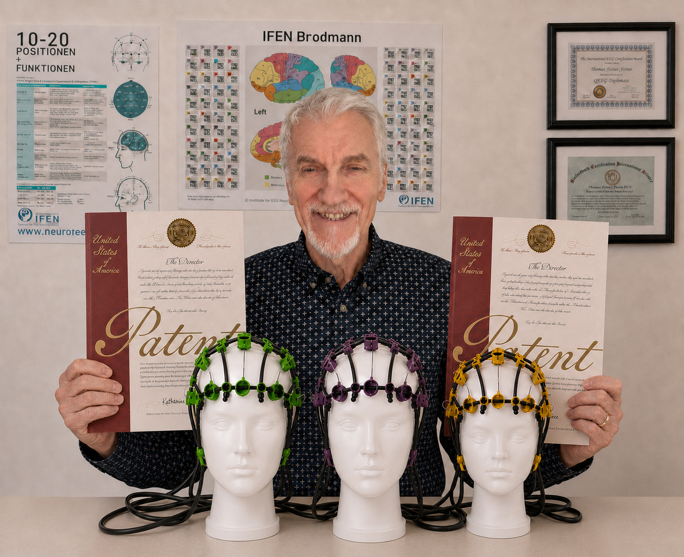 Thomas F. Feiner mit zwei US-Patenten für EEG-Technologie und Zertifikaten des International EEG Certification Board