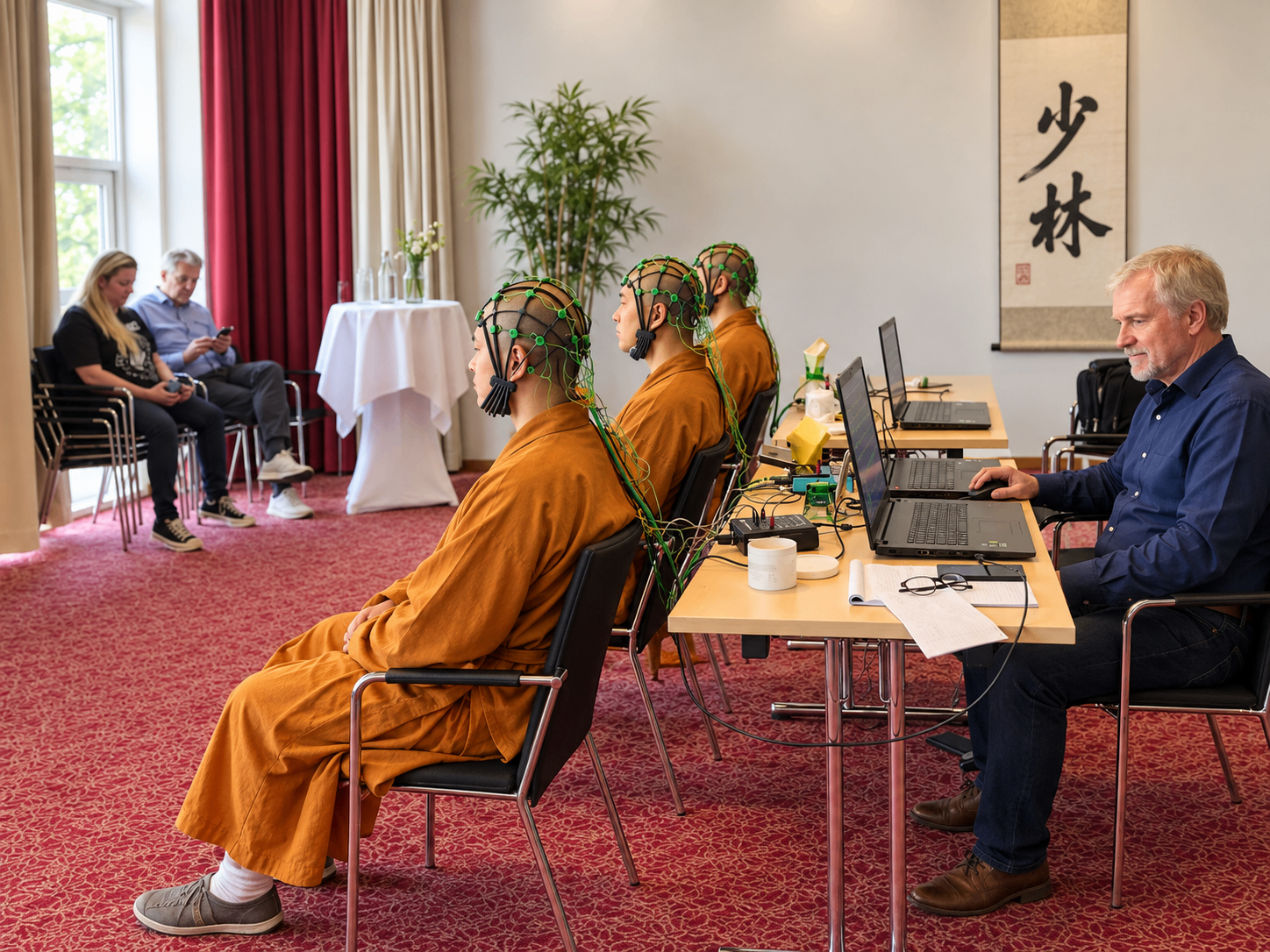 Thomas F. Feiner misst Shaolin-Mönche in München während der Meditation